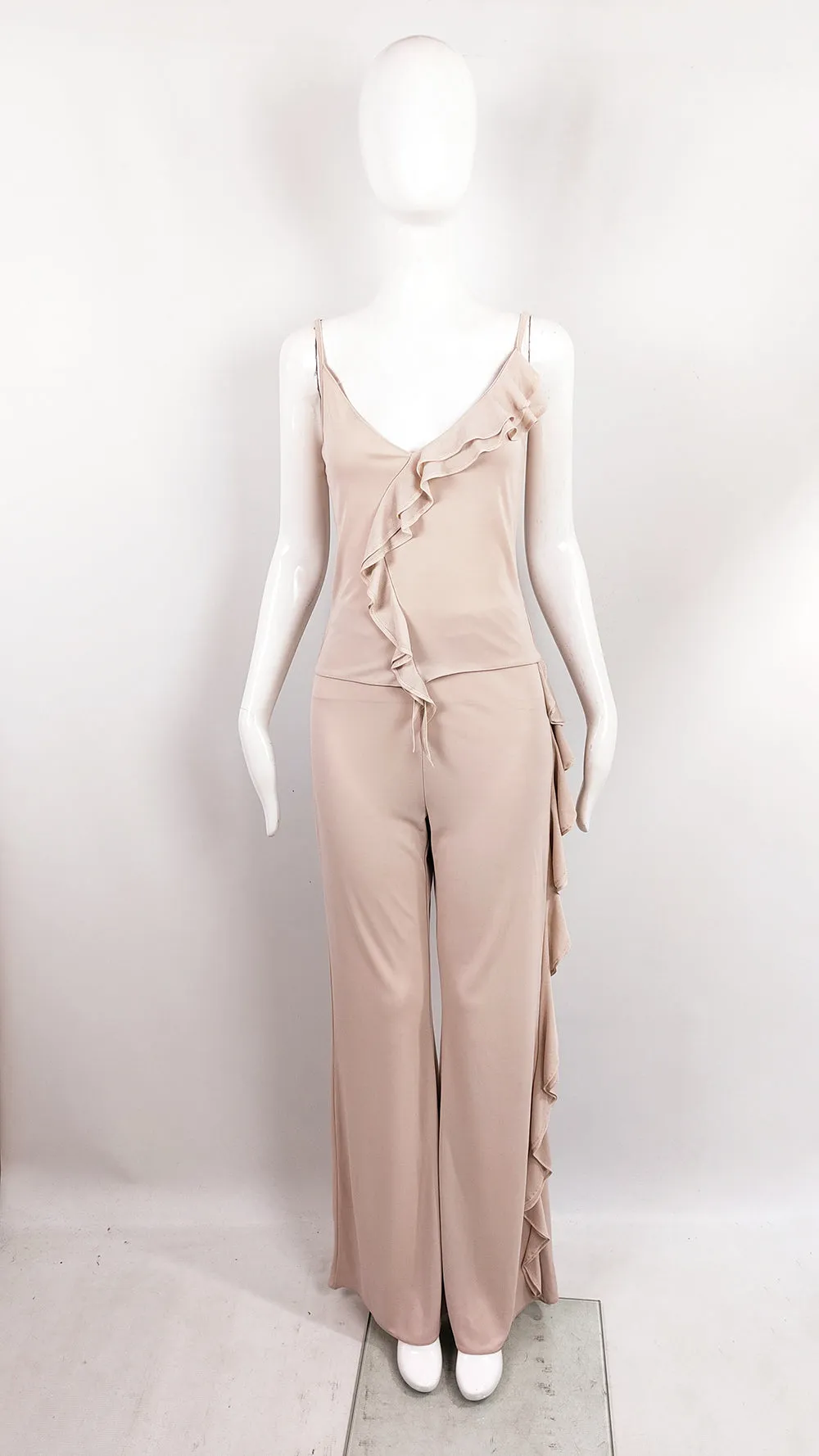 Orna Farho Paris Vintage Beige Ruffled Two Piece Top & Trousers Set