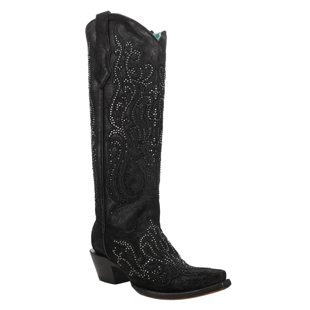 Overlay And Crystals Tall Snip Toe Cowboy Boots