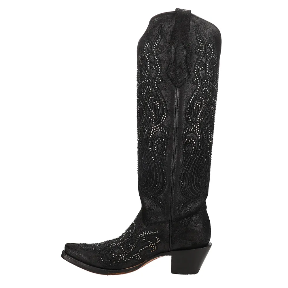 Overlay And Crystals Tall Snip Toe Cowboy Boots