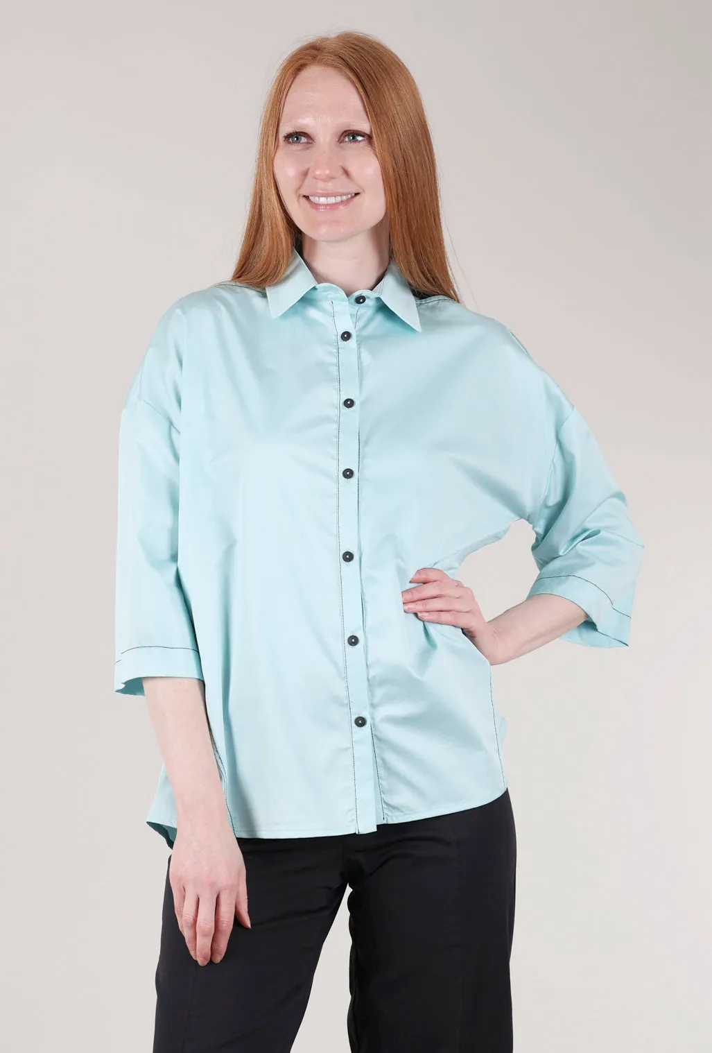 Peekaboo-Shoulder Crisp Shirt, Azure