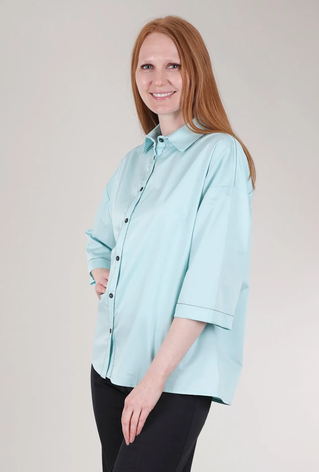 Peekaboo-Shoulder Crisp Shirt, Azure