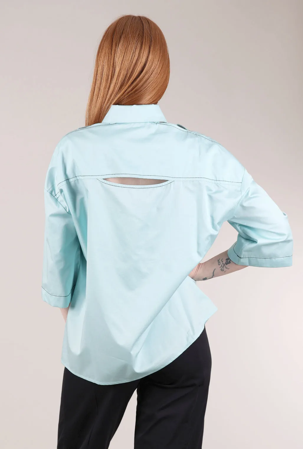 Peekaboo-Shoulder Crisp Shirt, Azure