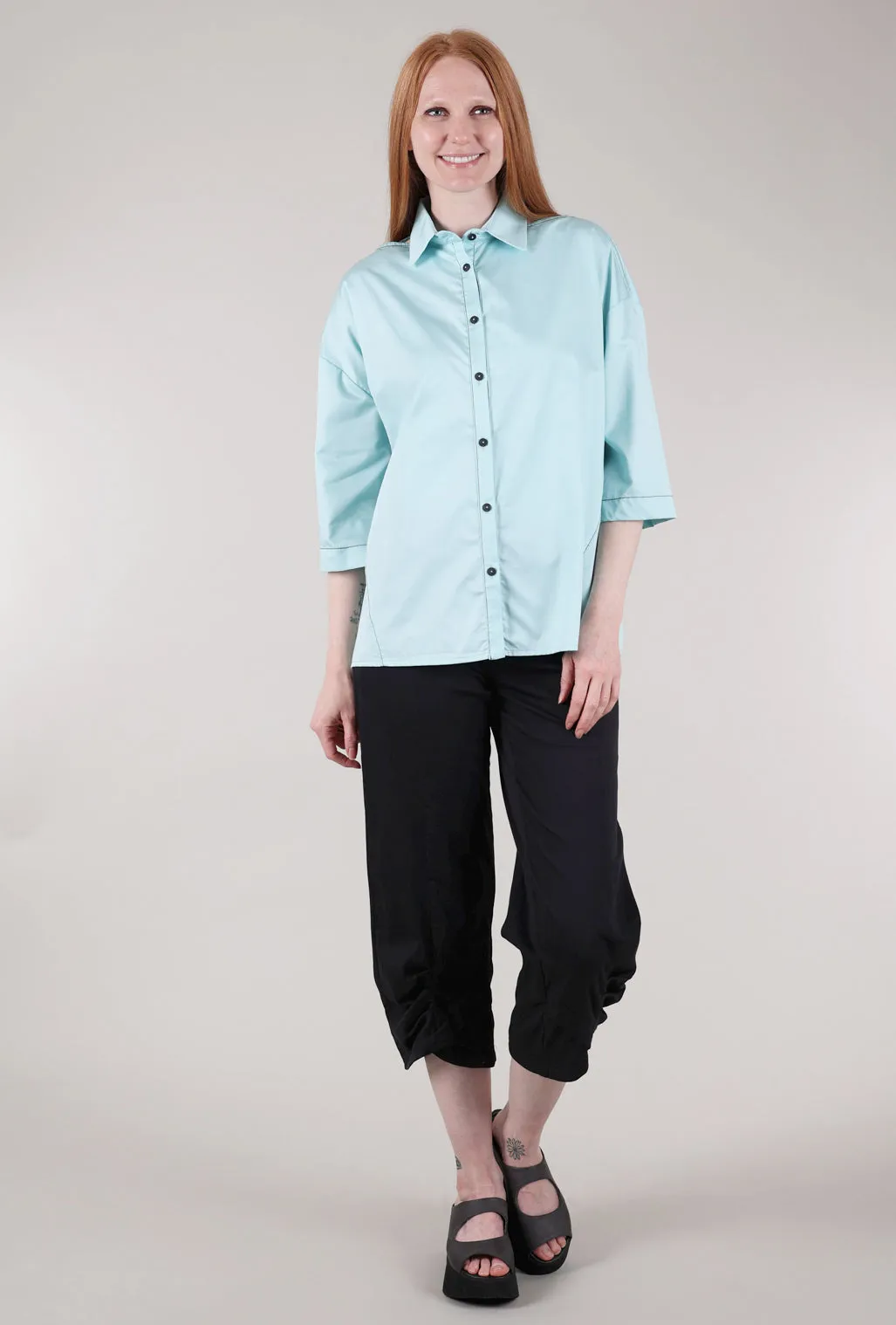 Peekaboo-Shoulder Crisp Shirt, Azure