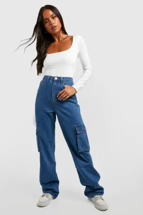 Petite High Waisted Straight Fit Cargo Jeans