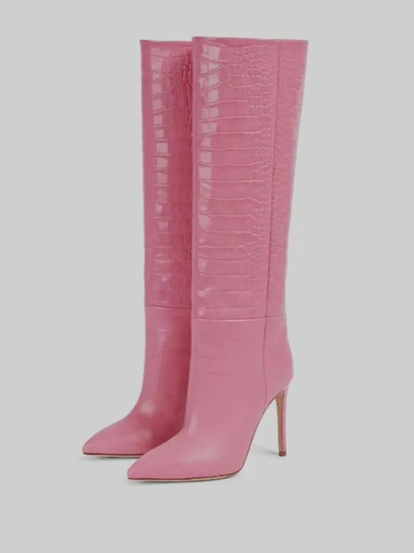 Pink Knee High Stiletto Heel Boots Pointed Toe Croc Pattern