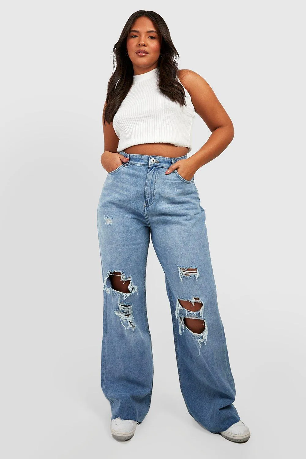 Plus Distressed High Waist Wide Leg Jeans