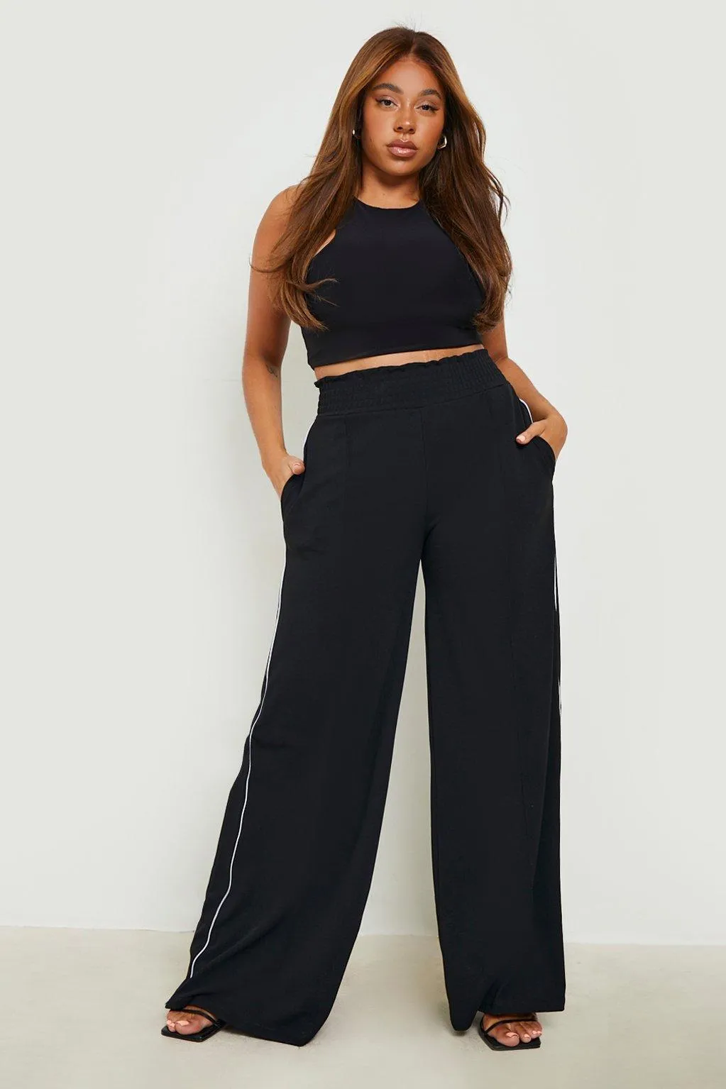 Plus Shirred Side Stripe Wide Leg Trousers