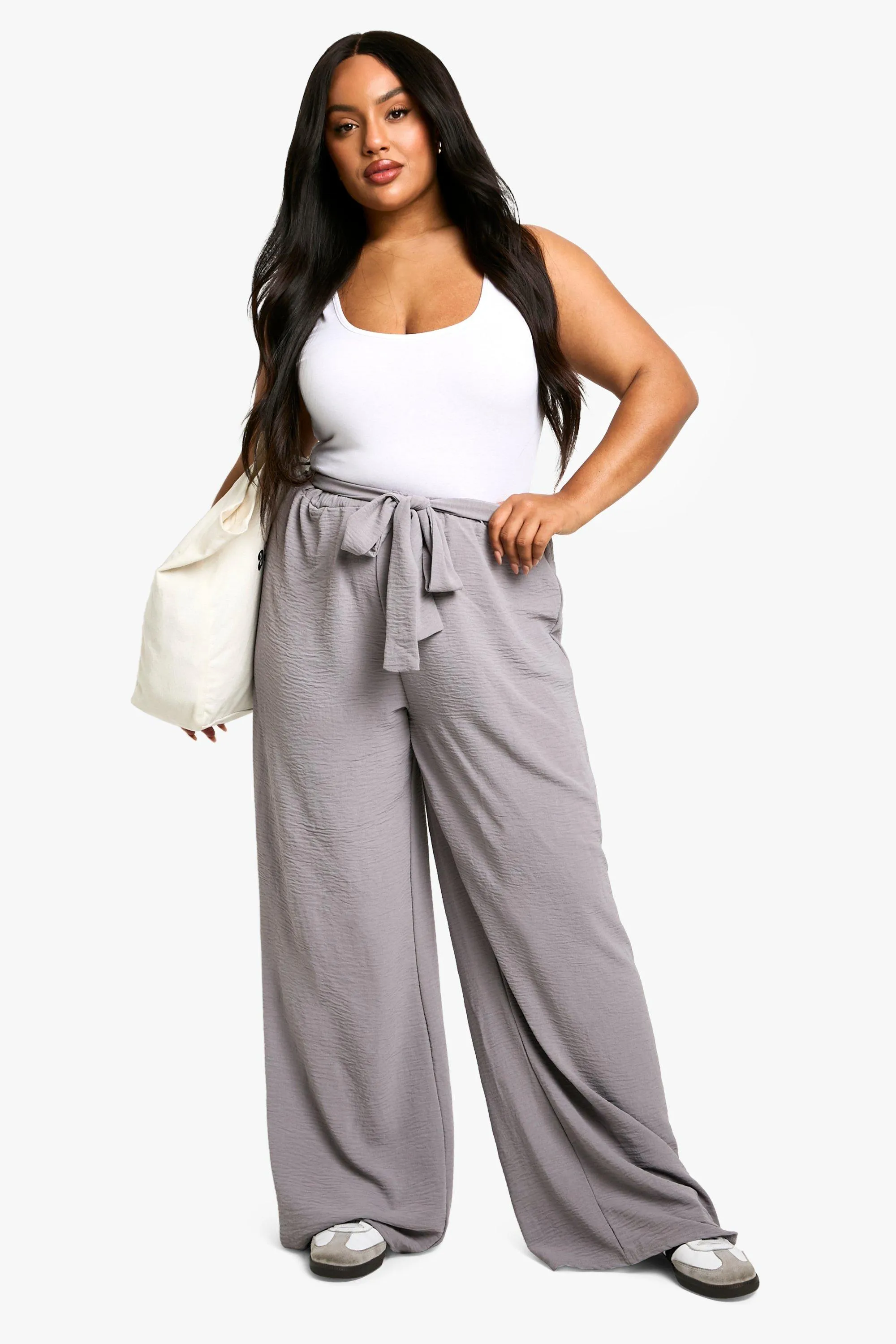 Plus Woven Textured Belted Wide Leg Trousers