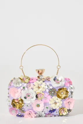 Quinn Clutch Bag in Lilac with 3D Multi Sequin Floral