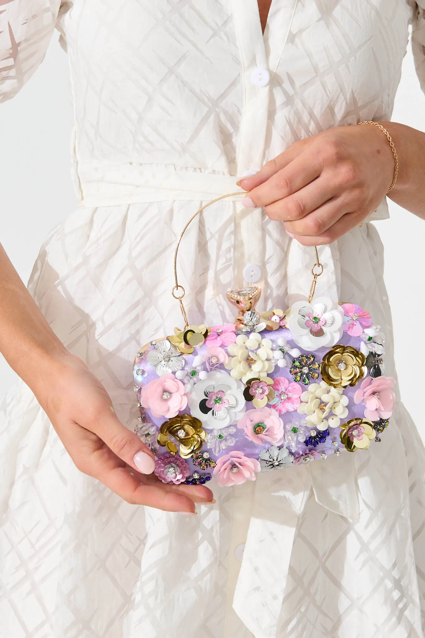 Quinn Clutch Bag in Lilac with 3D Multi Sequin Floral