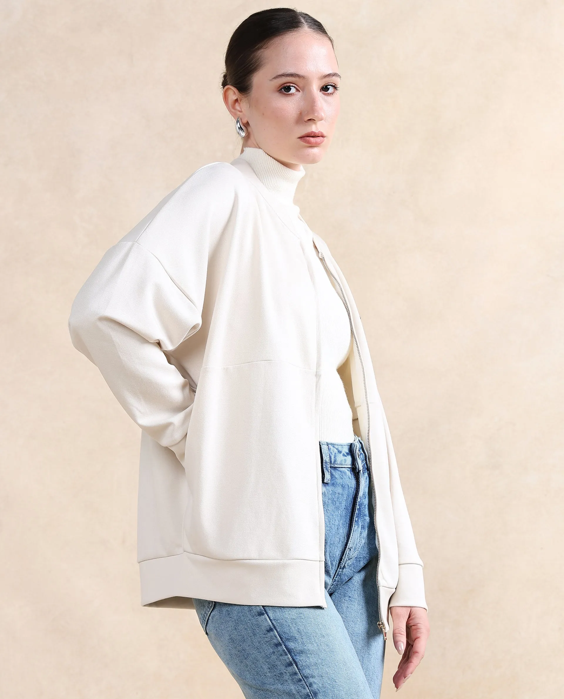 Rareism Women Rize Off White Modal Lycra Fabric Full Sleeve Ribbed Collar Zipper Closure Relaxed Fit Plain Sweatshirt