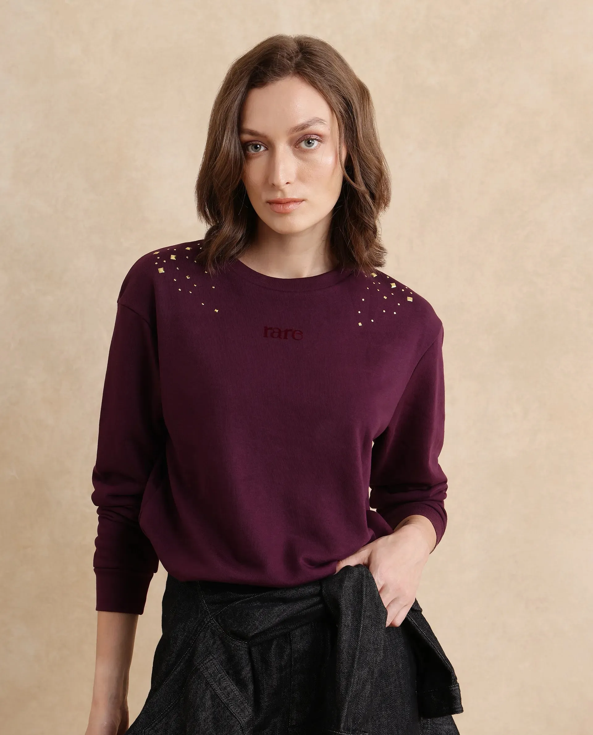 Rareism Women Studo Dark Purple Cotton Blend Fabric Full Sleeve Crew Neck Relaxed Fit Plain Sweatshirt