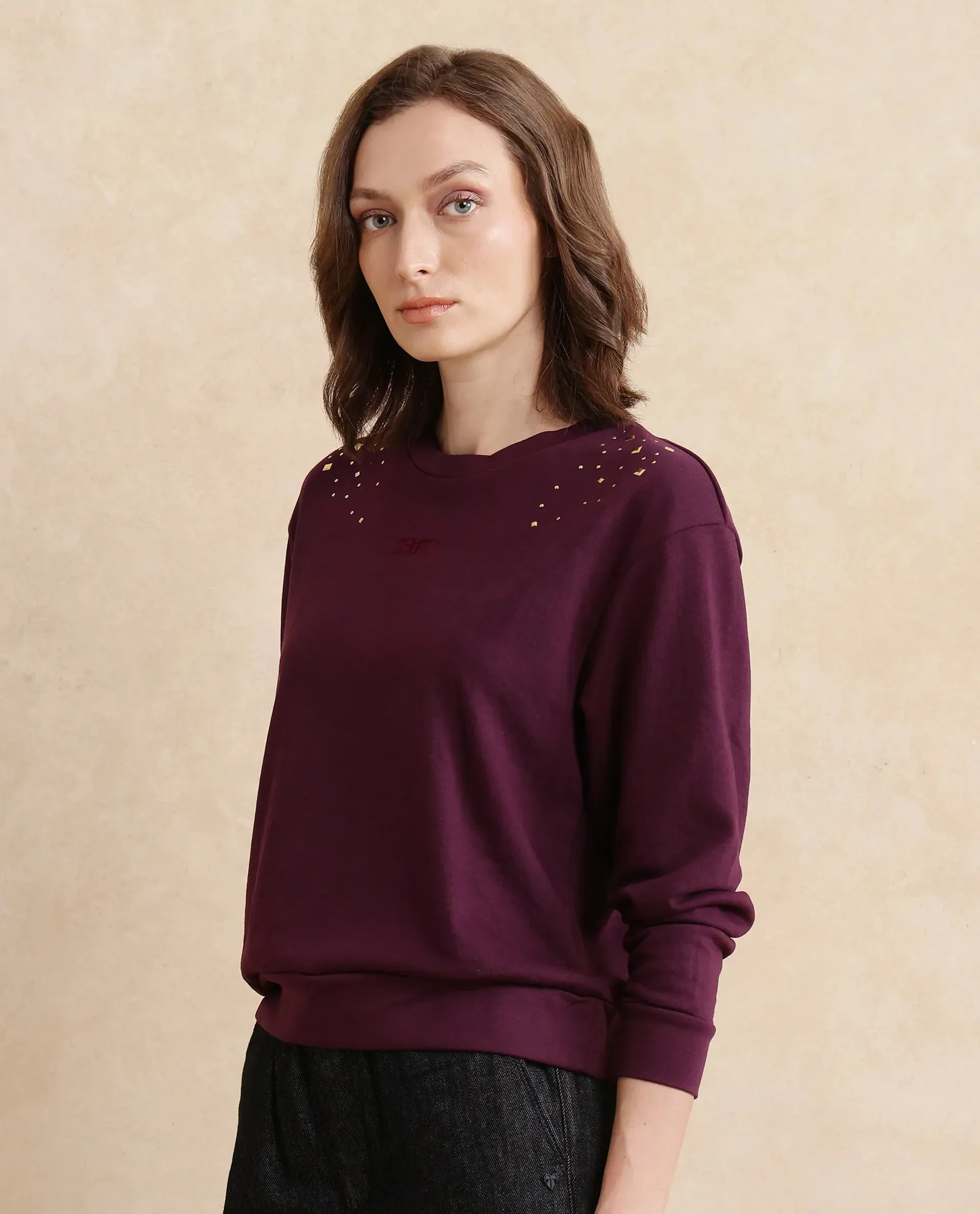 Rareism Women Studo Dark Purple Cotton Blend Fabric Full Sleeve Crew Neck Relaxed Fit Plain Sweatshirt