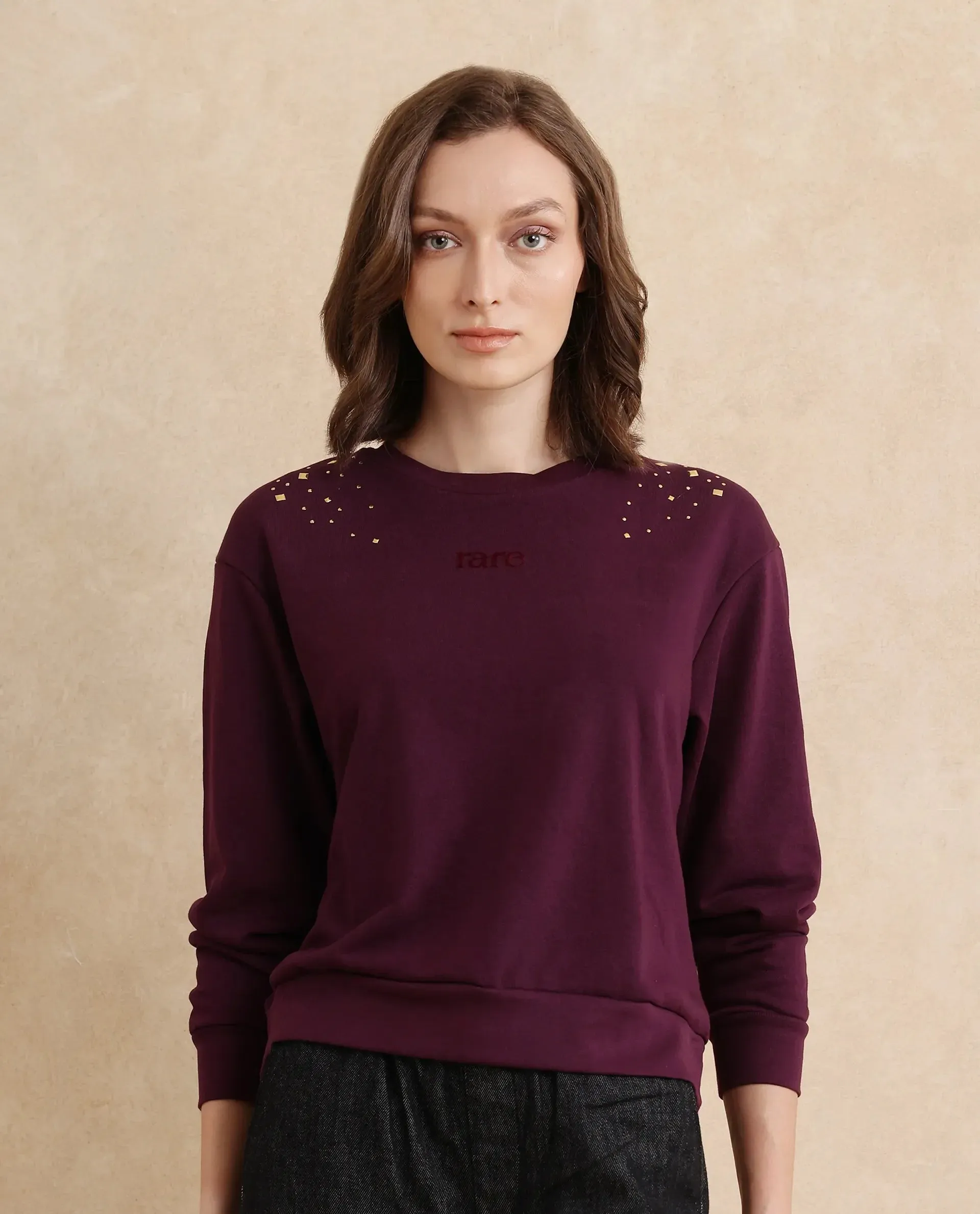 Rareism Women Studo Dark Purple Cotton Blend Fabric Full Sleeve Crew Neck Relaxed Fit Plain Sweatshirt