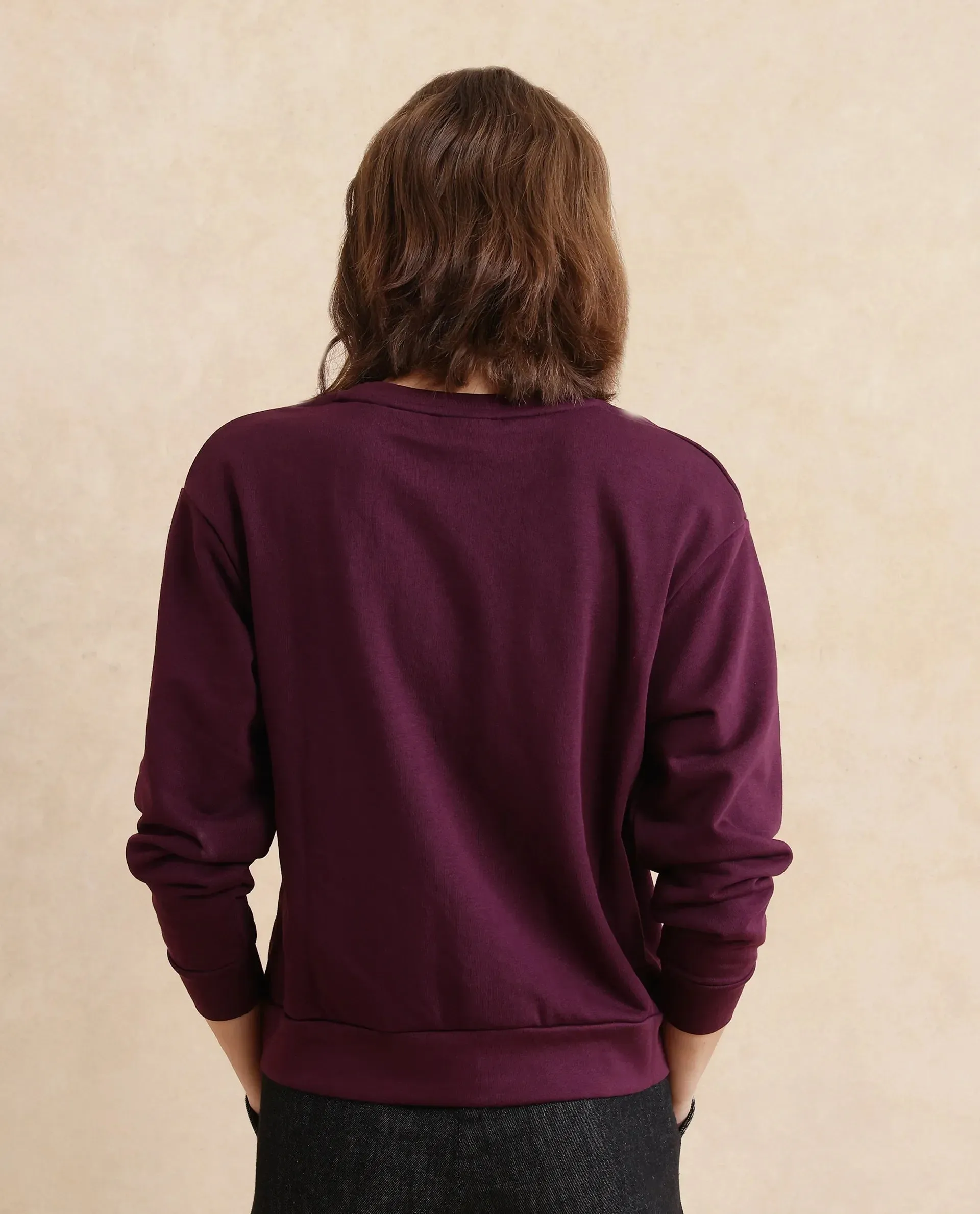 Rareism Women Studo Dark Purple Cotton Blend Fabric Full Sleeve Crew Neck Relaxed Fit Plain Sweatshirt