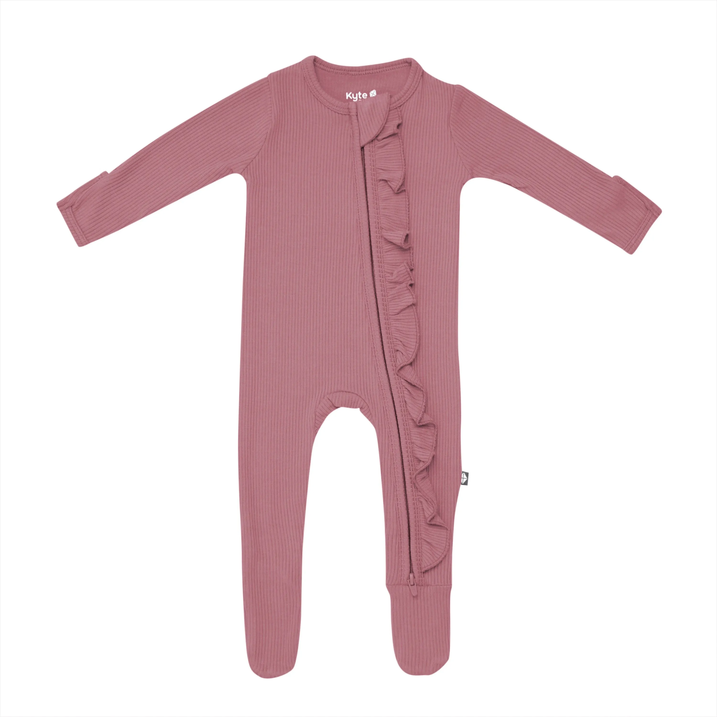 Ribbed Ruffle Zipper Onesie - Dusty Rose