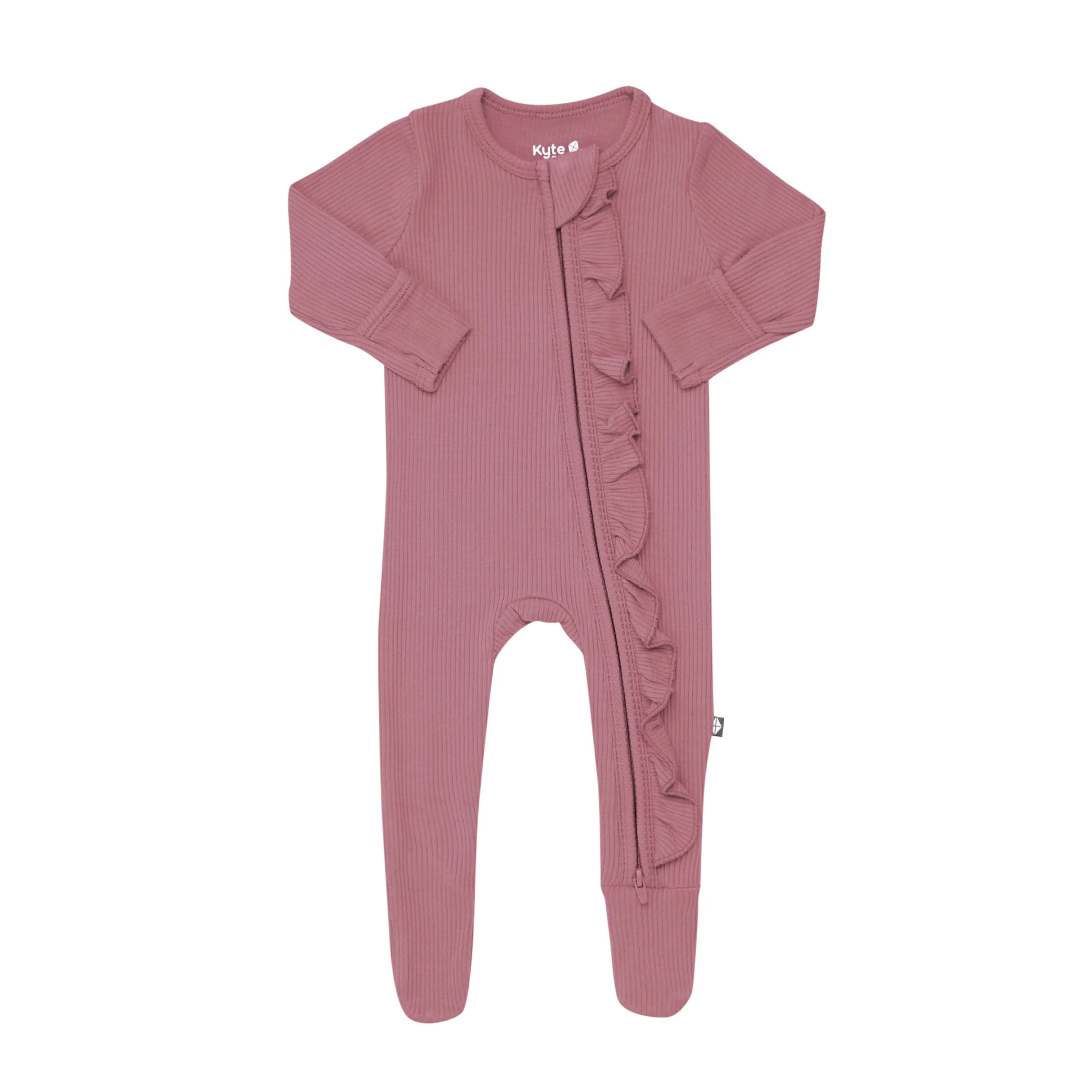 Ribbed Ruffle Zipper Onesie - Dusty Rose