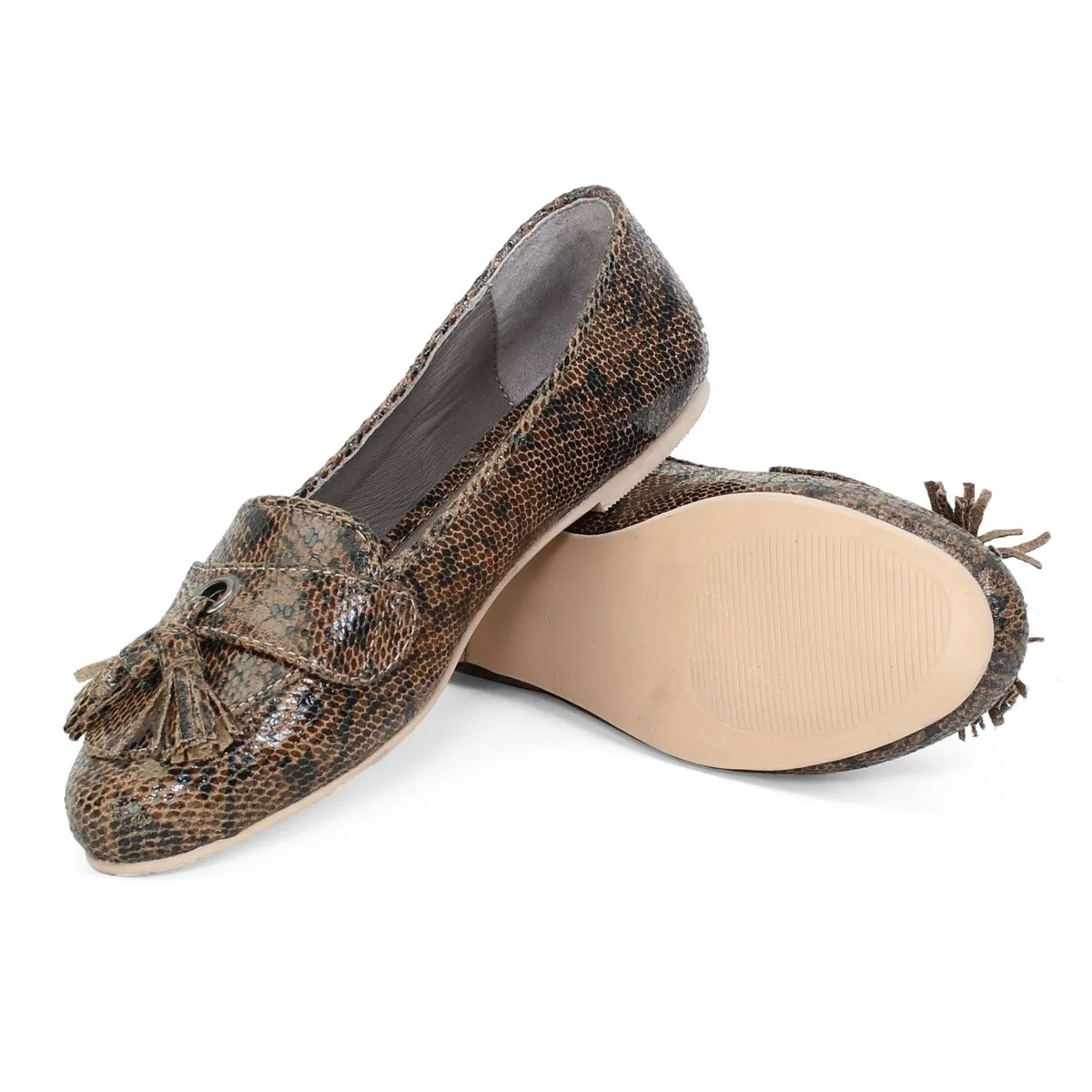 Round Toe Flat Sole Snake Print Leather Tassel Ballerinas