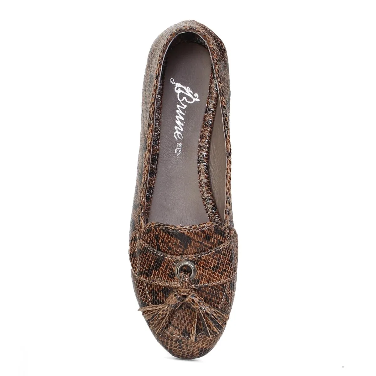 Round Toe Flat Sole Snake Print Leather Tassel Ballerinas