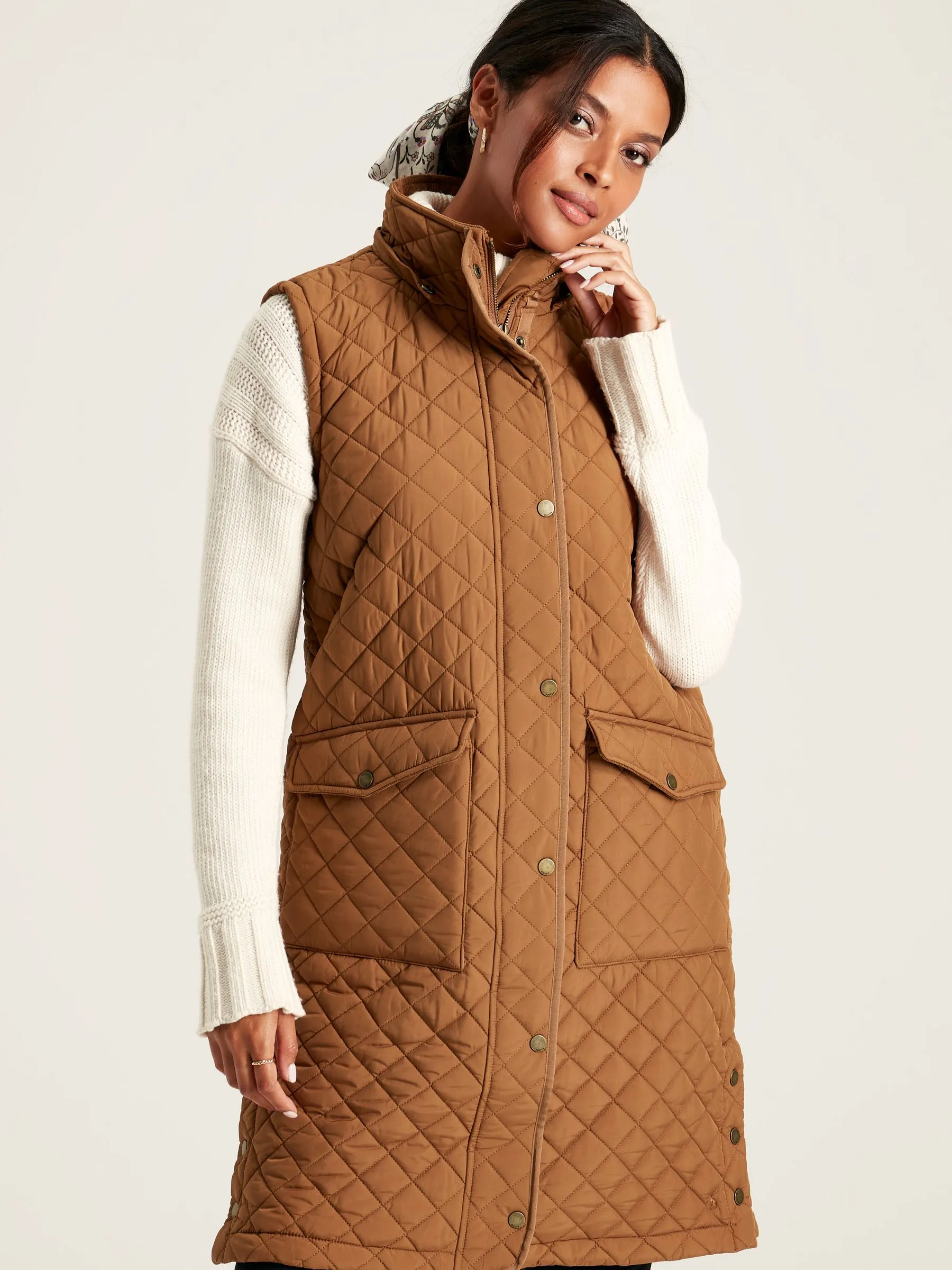 Rust Brown Showerproof Long Diamond Quilted Gilet With Hood