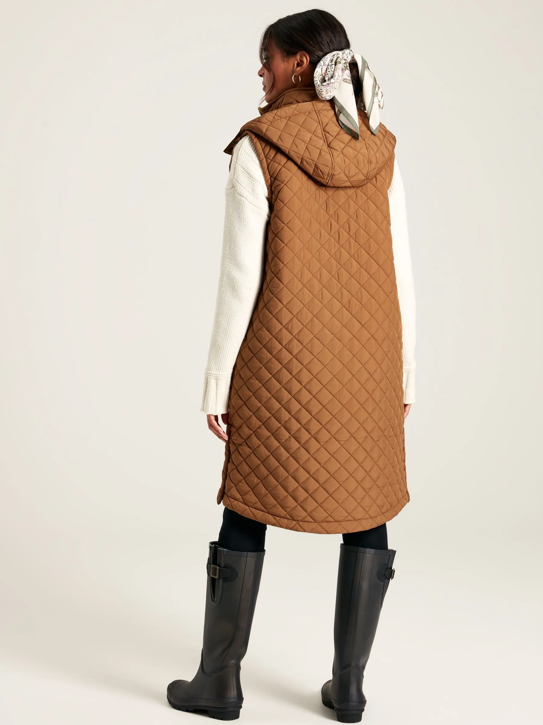 Rust Brown Showerproof Long Diamond Quilted Gilet With Hood