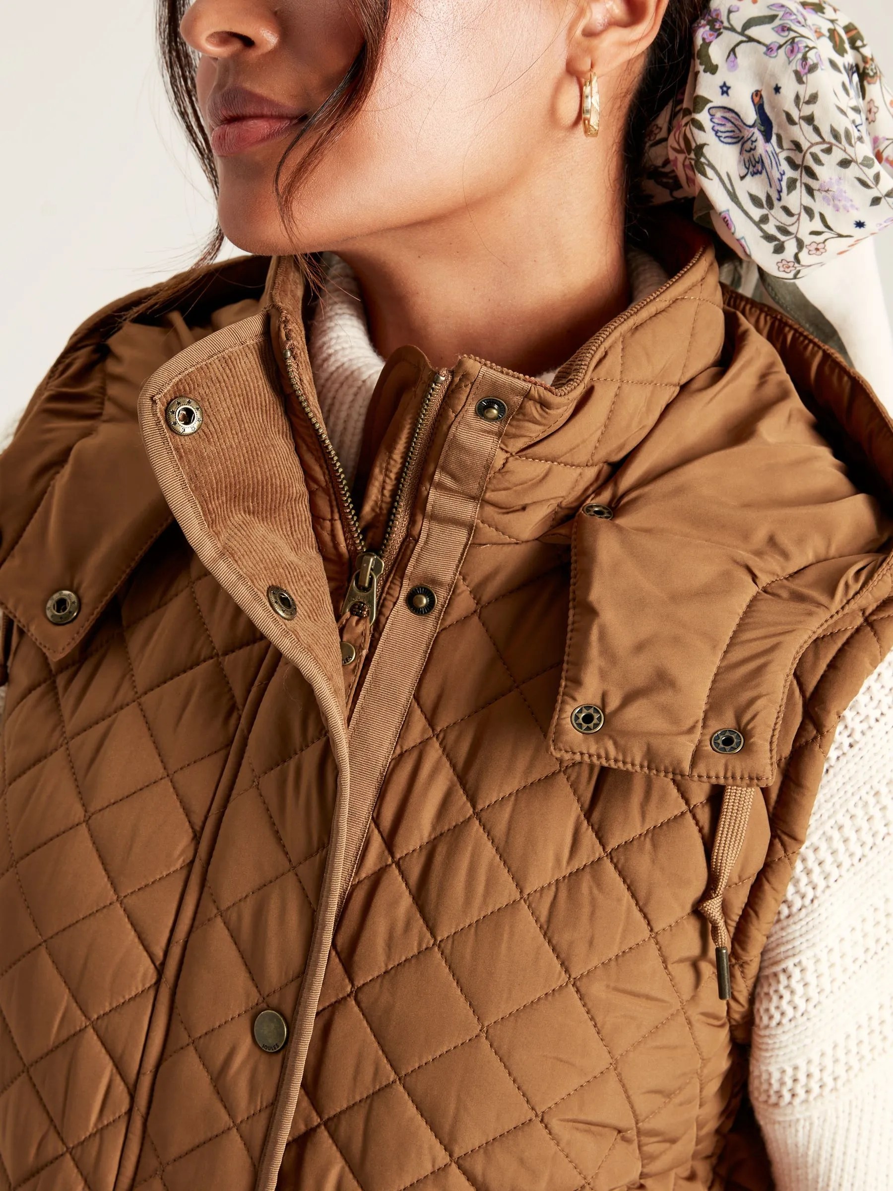 Rust Brown Showerproof Long Diamond Quilted Gilet With Hood