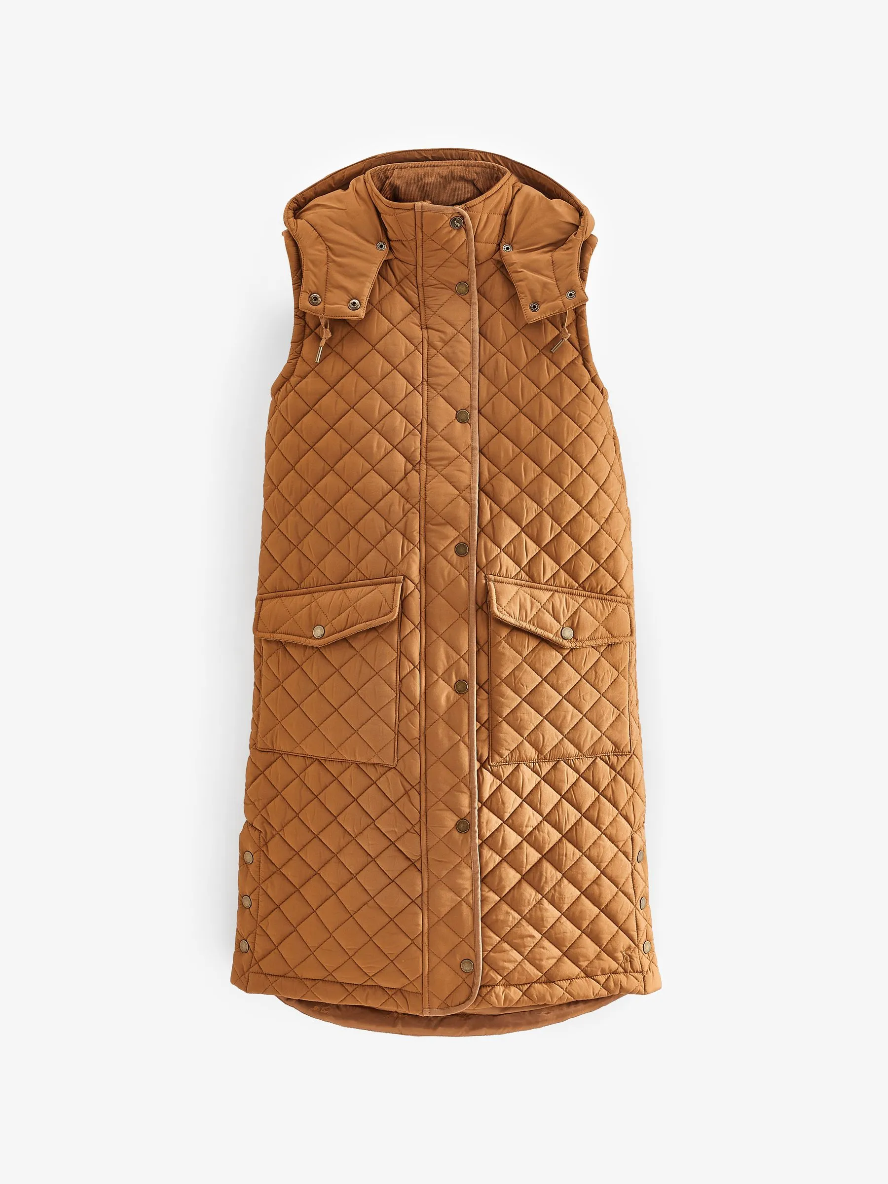 Rust Brown Showerproof Long Diamond Quilted Gilet With Hood