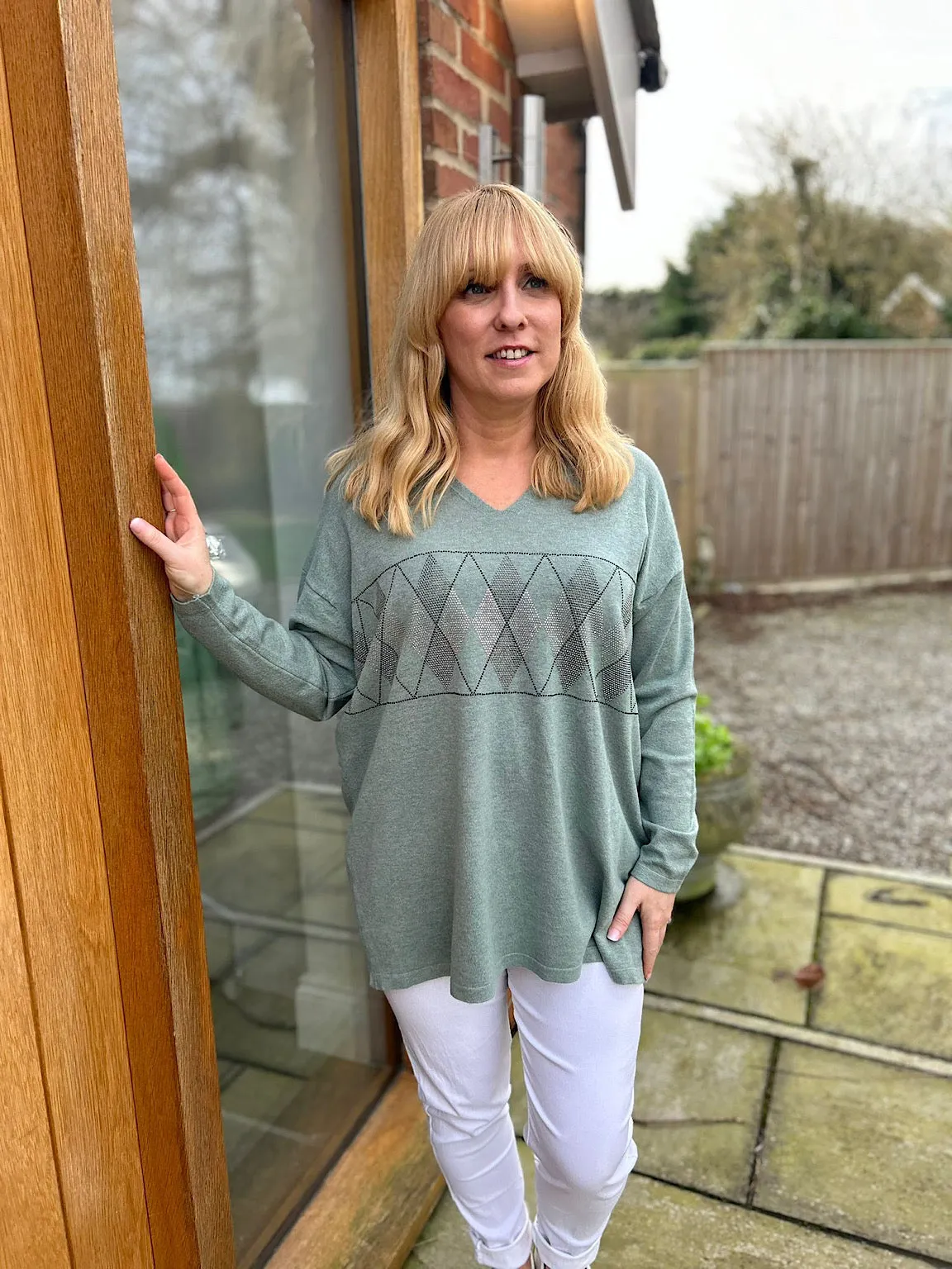 Sage Diamante Diamond Knit Gail - knitwear collection in sage green with diamond pattern