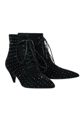 Saint Laurent - Black Suede Lace-Up Ankle Boots w/ Crystal Embellishments Sz 8