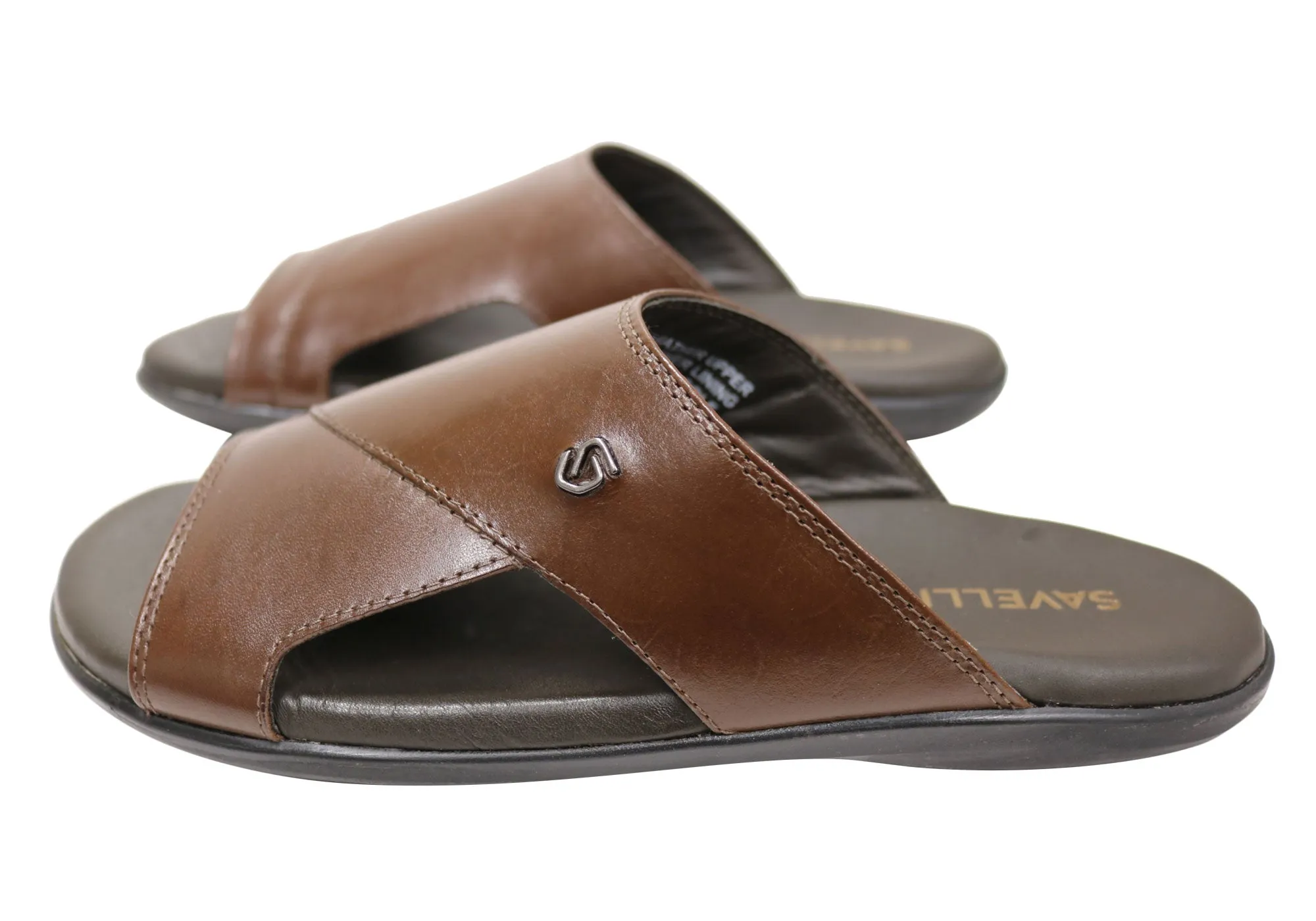 Savelli Banks Mens Comfortable Leather Slides Sandals Made In Brazil