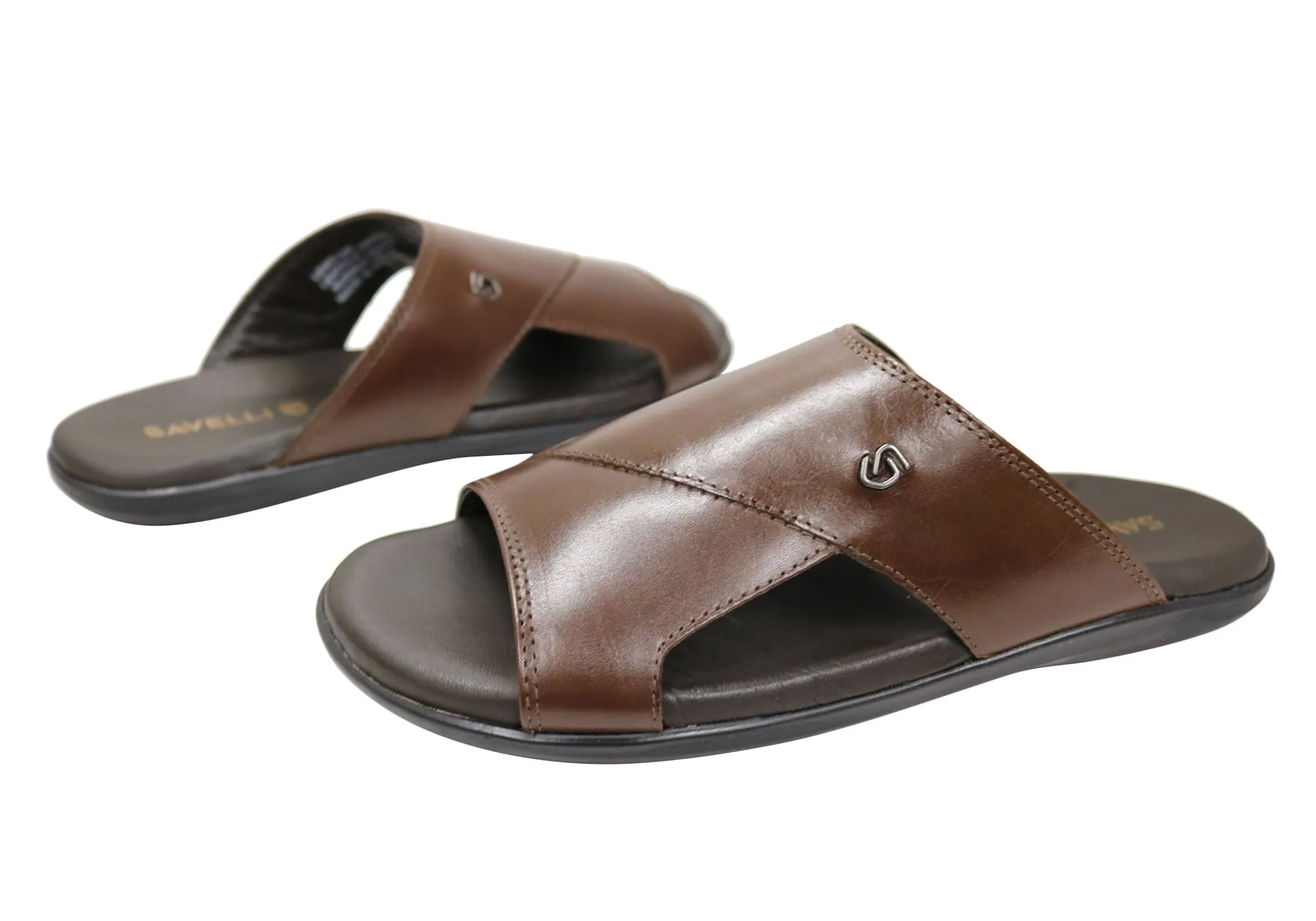 Savelli Banks Mens Comfortable Leather Slides Sandals Made In Brazil