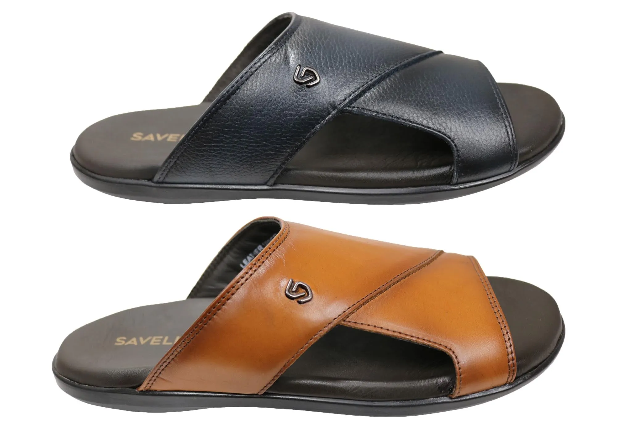 Savelli Banks Mens Comfortable Leather Slides Sandals Made In Brazil