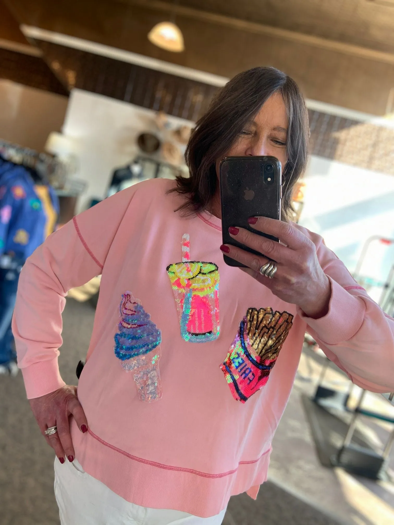 Sequin Ice Cream & Fries Pink Sweatshirt - Size Small to 3X