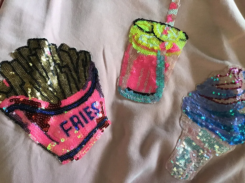 Sequin Ice Cream & Fries Pink Sweatshirt - Size Small to 3X