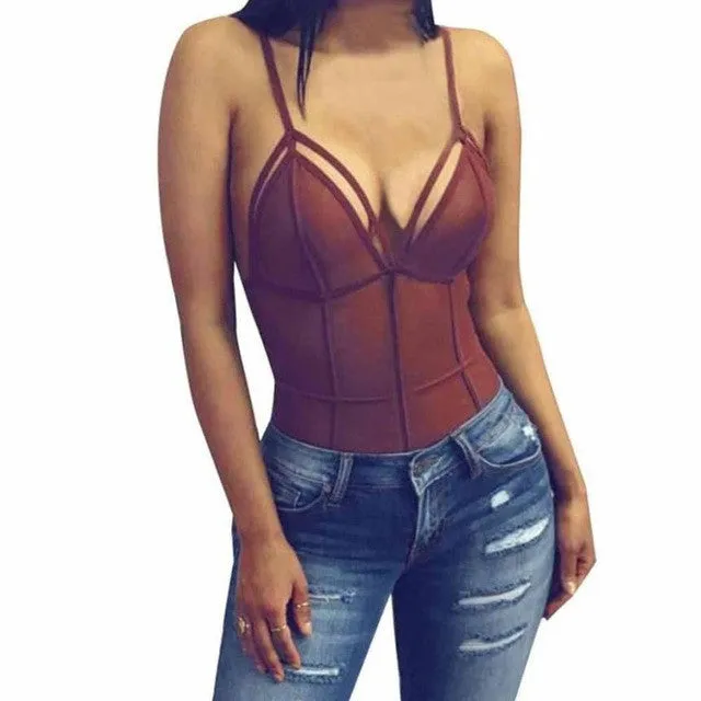 Sexy Bodysuit Women Club Mesh Bodysuits Ladies V Neck One-Piece 3 Colors SM6