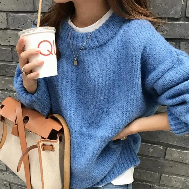 Sweater Women 2020 Autumn Winter Solid O Neck Pullover Korean Style Knitted Long Sleeve Casual Tops