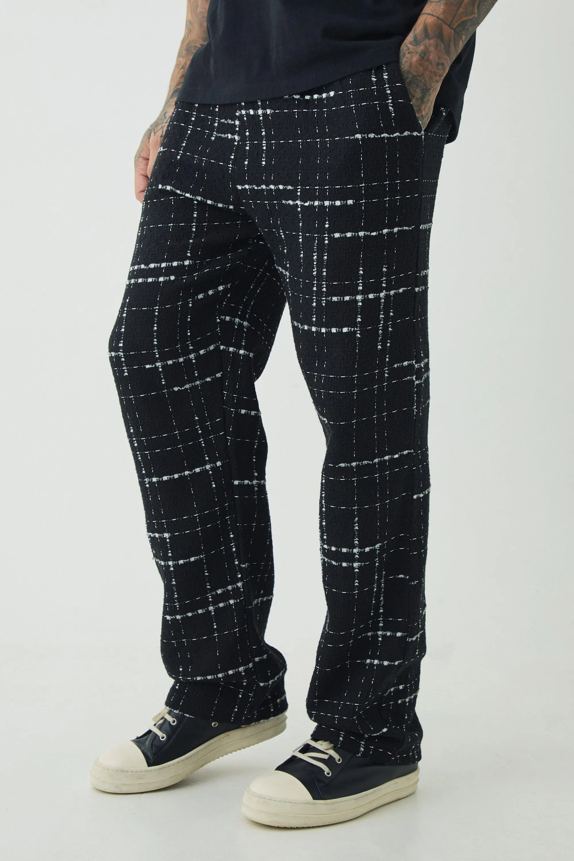 Tall Boucle Checked Relaxed Elasticated Waist Trousers