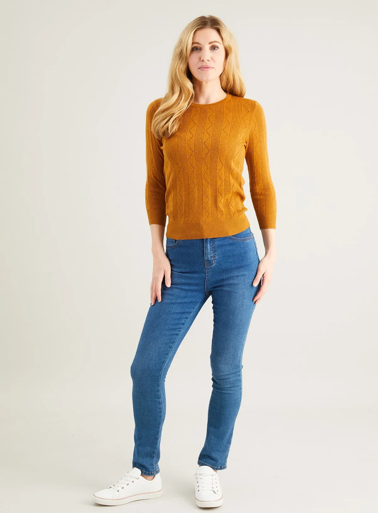 Tan Pointelle Fine Knit Jumper for Women - Size 24 | Shop Now at Tu Clothing