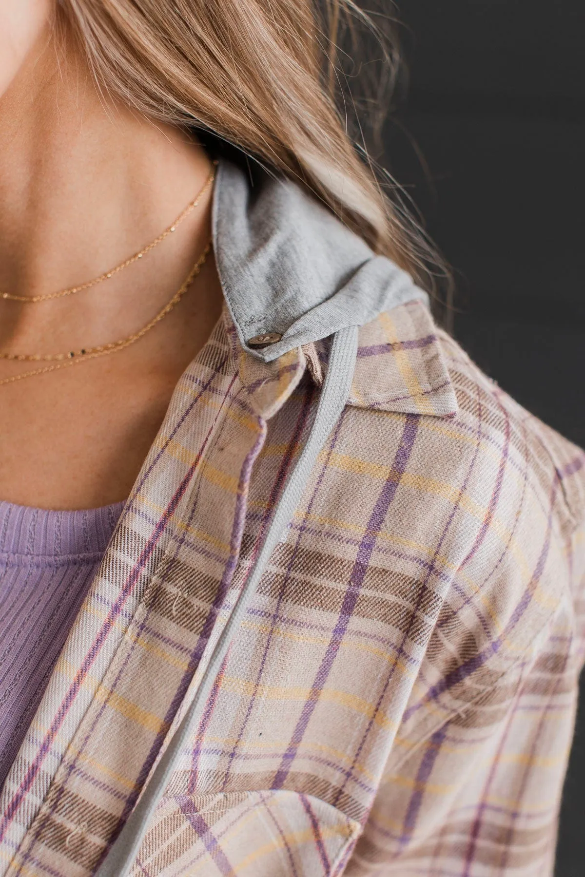 Taupe and Lavender Plaid Button Top - New Ambitions