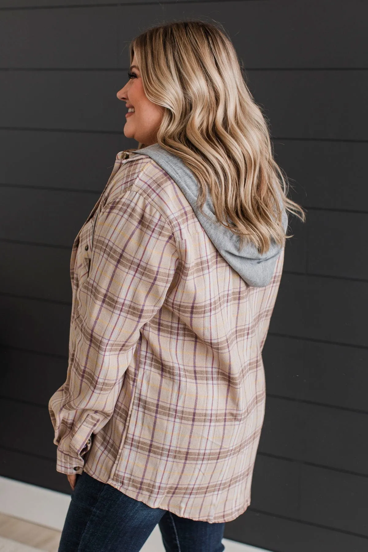 Taupe and Lavender Plaid Button Top - New Ambitions