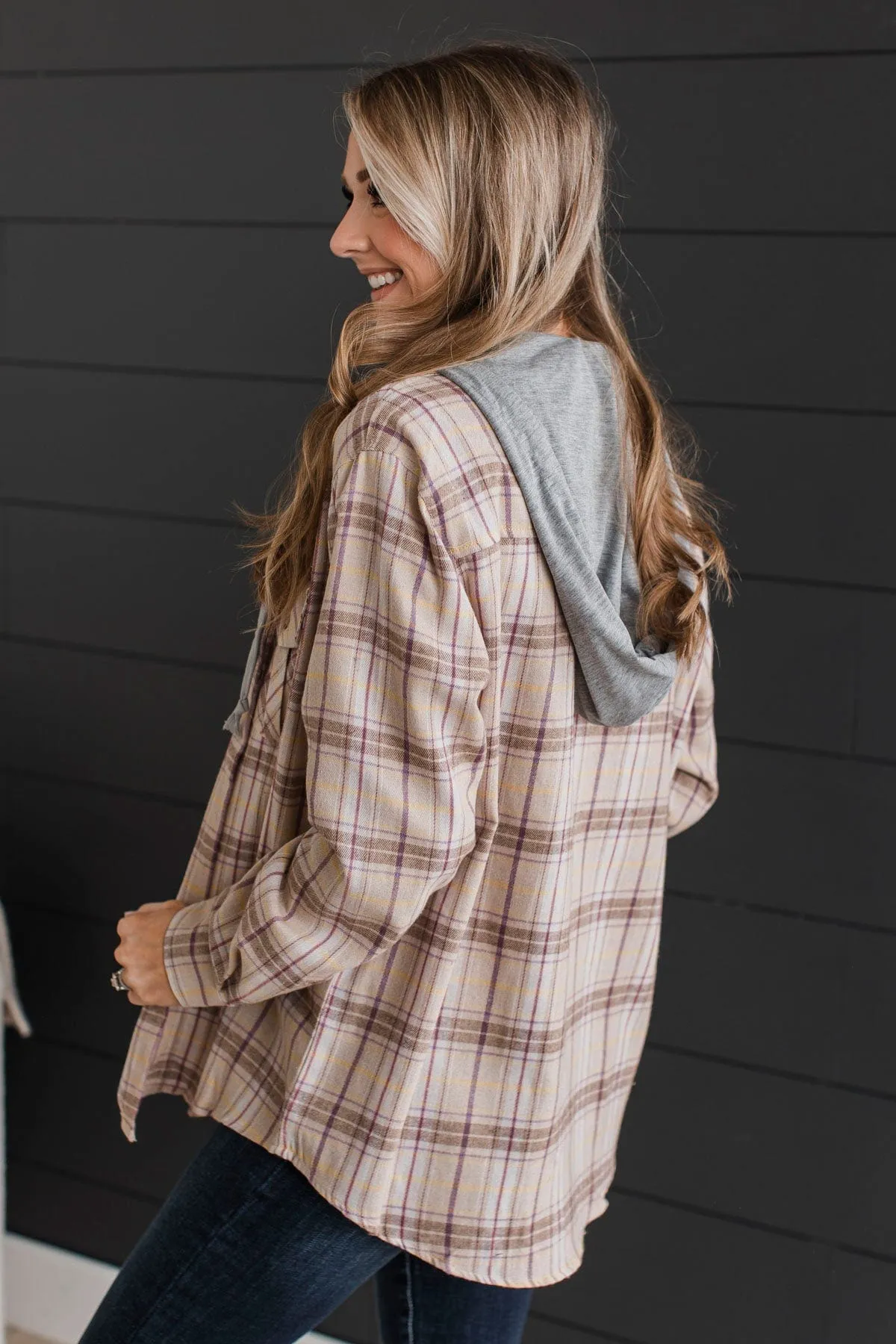 Taupe and Lavender Plaid Button Top - New Ambitions