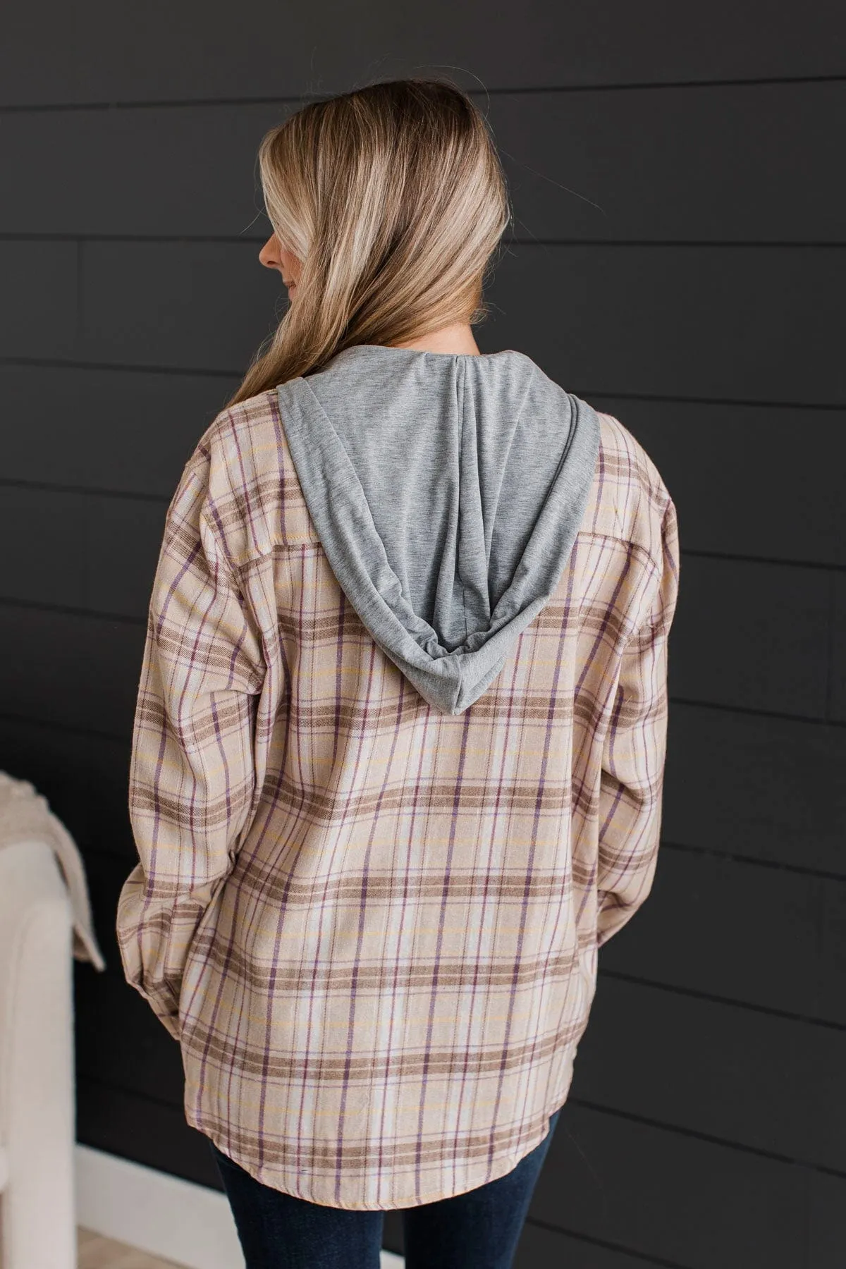 Taupe and Lavender Plaid Button Top - New Ambitions