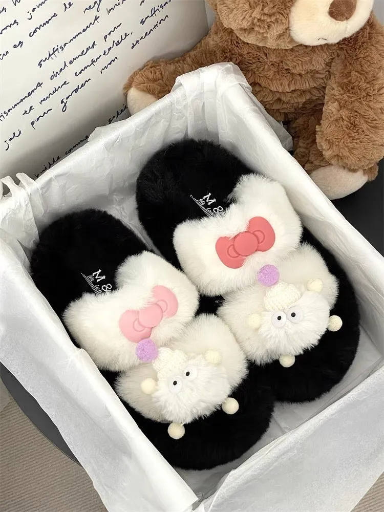 Thick sole heightening cute cartoon furry slippers for outer wear 2023 autumn hot style warm cotton slippers for home use