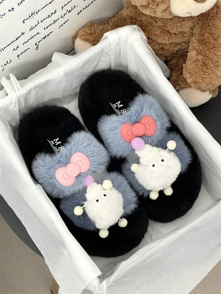 Thick sole heightening cute cartoon furry slippers for outer wear 2023 autumn hot style warm cotton slippers for home use