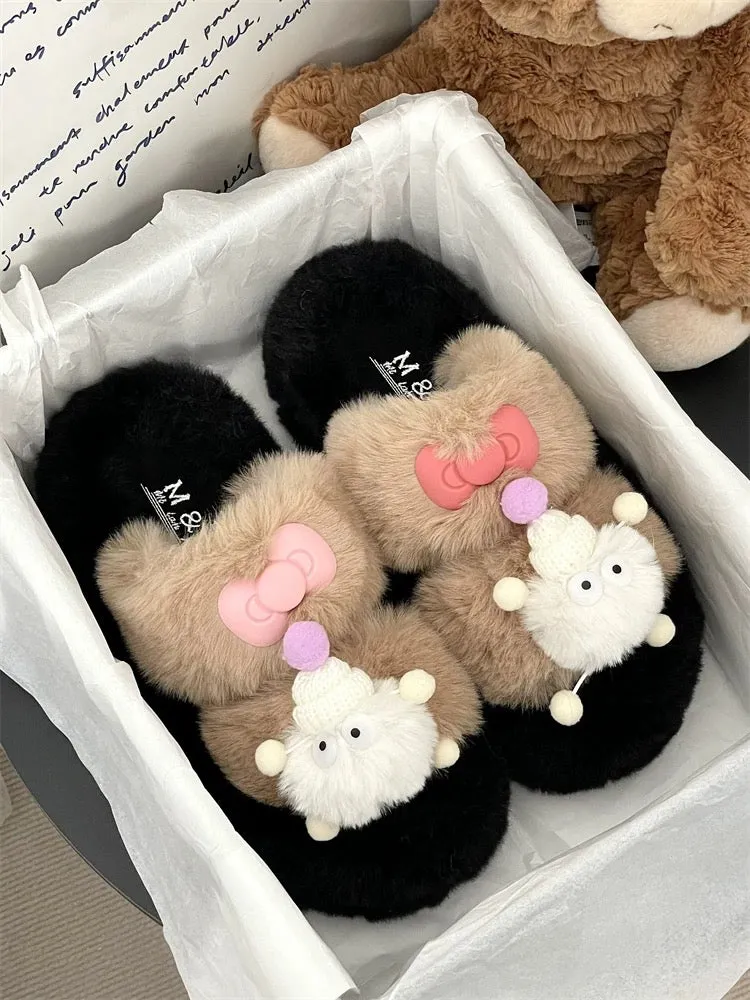 Thick sole heightening cute cartoon furry slippers for outer wear 2023 autumn hot style warm cotton slippers for home use