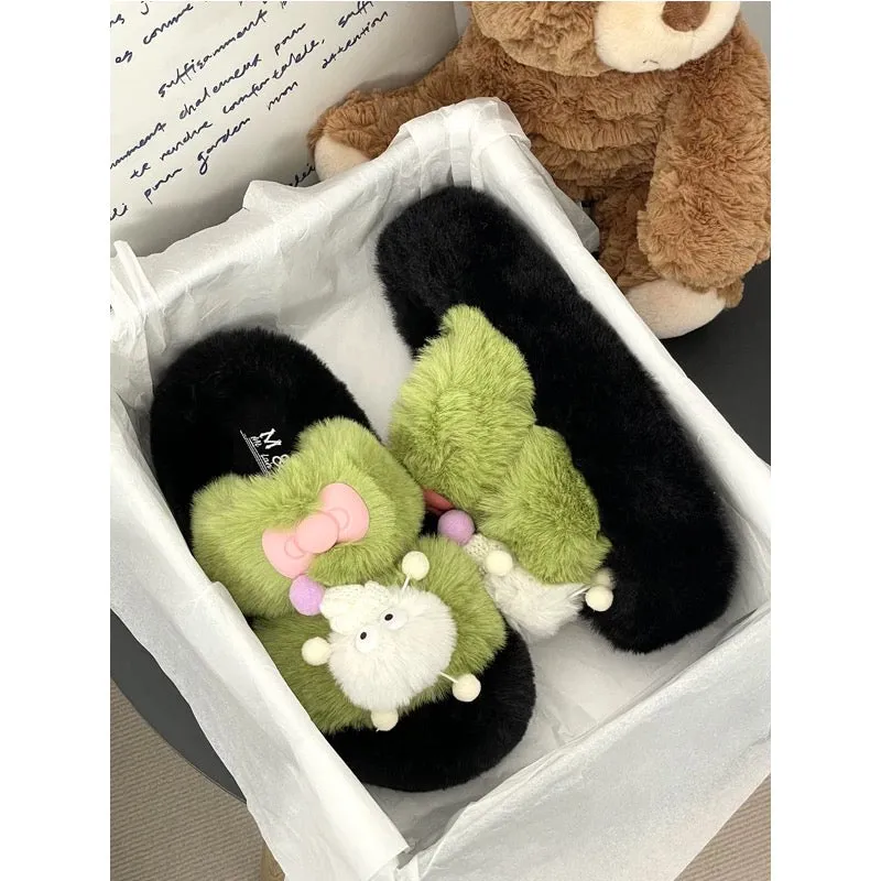 Thick sole heightening cute cartoon furry slippers for outer wear 2023 autumn hot style warm cotton slippers for home use