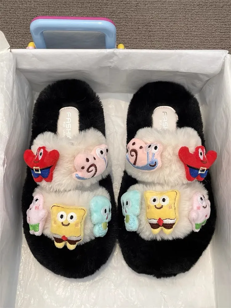 Thick-soled cute cartoon sponge fur slippers for women 2024 autumn new style comfortable and warm home one-word cotton slippers