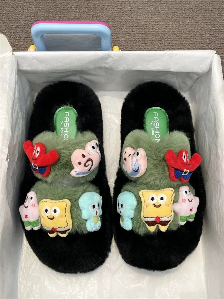 Thick-soled cute cartoon sponge fur slippers for women 2024 autumn new style comfortable and warm home one-word cotton slippers