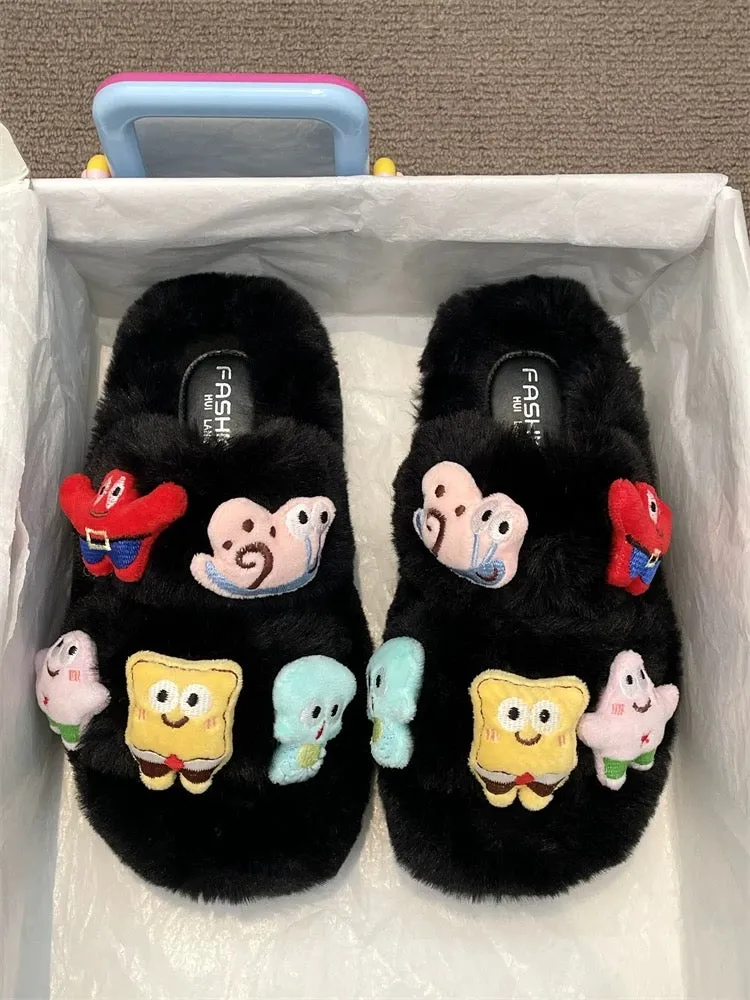 Thick-soled cute cartoon sponge fur slippers for women 2024 autumn new style comfortable and warm home one-word cotton slippers