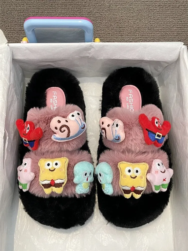 Thick-soled cute cartoon sponge fur slippers for women 2024 autumn new style comfortable and warm home one-word cotton slippers